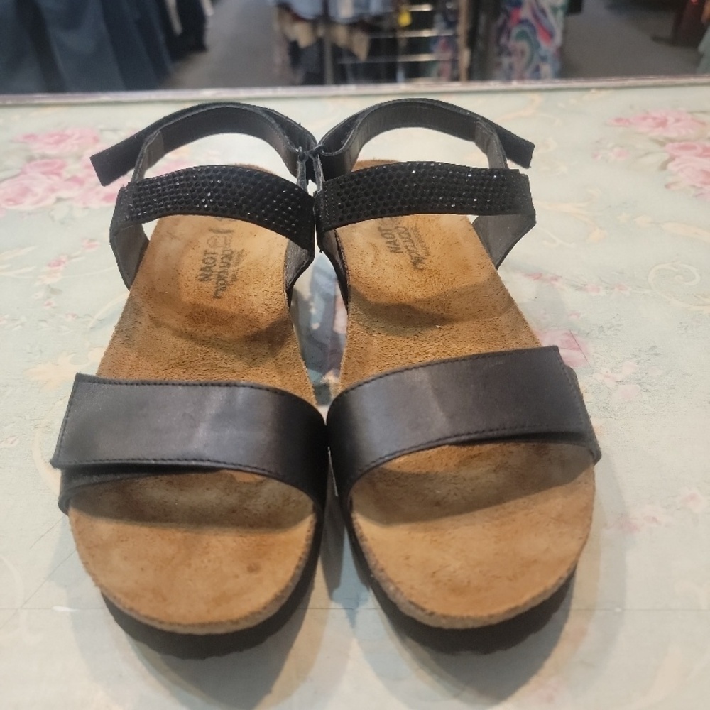 NAOT Womens Black Comfort Sandals Size 10 Velcro Straps Rhinestone